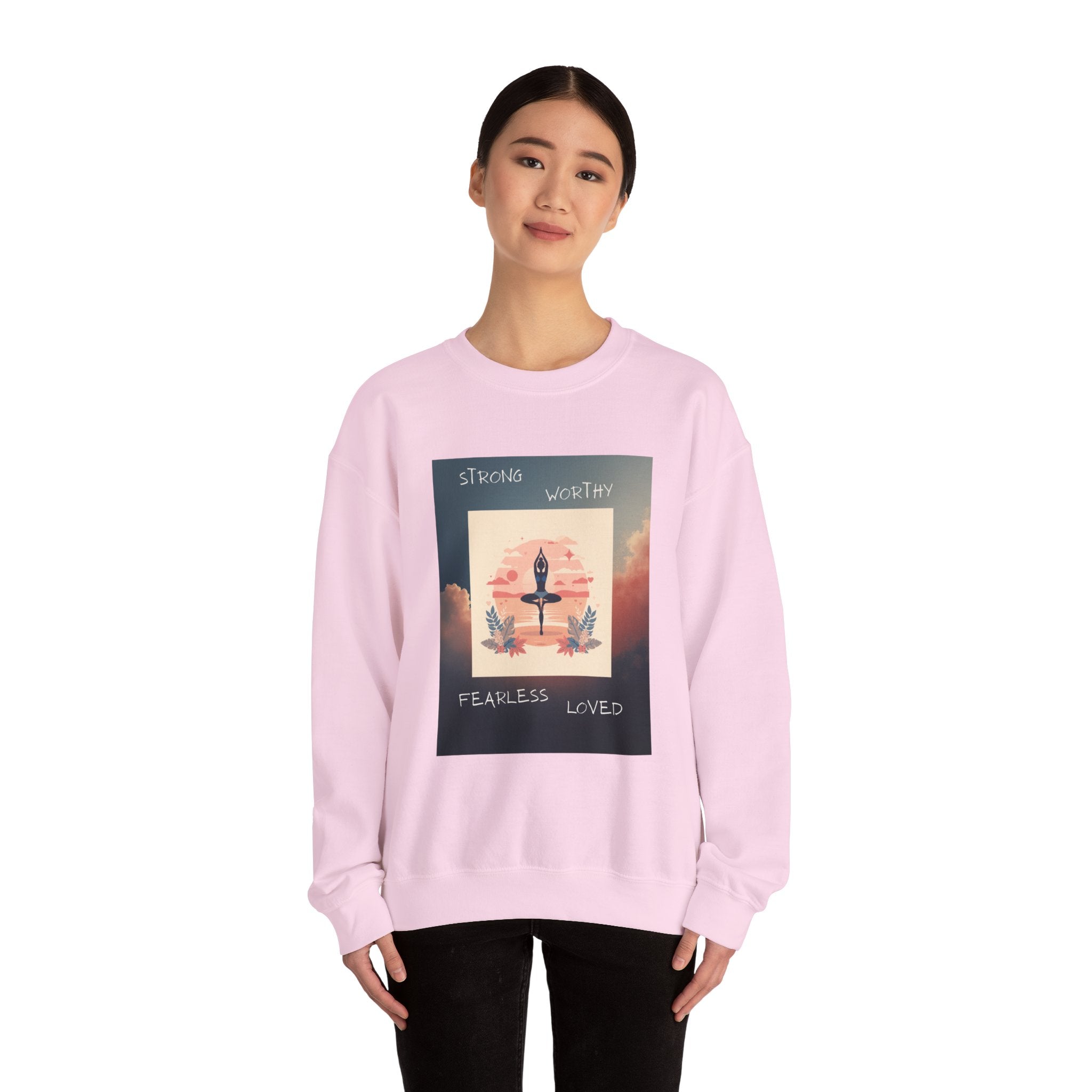 Yoga Sunset Crewneck Sweatshirt — 'Strong Worthy Fearless Loved' Inspirational Graphic