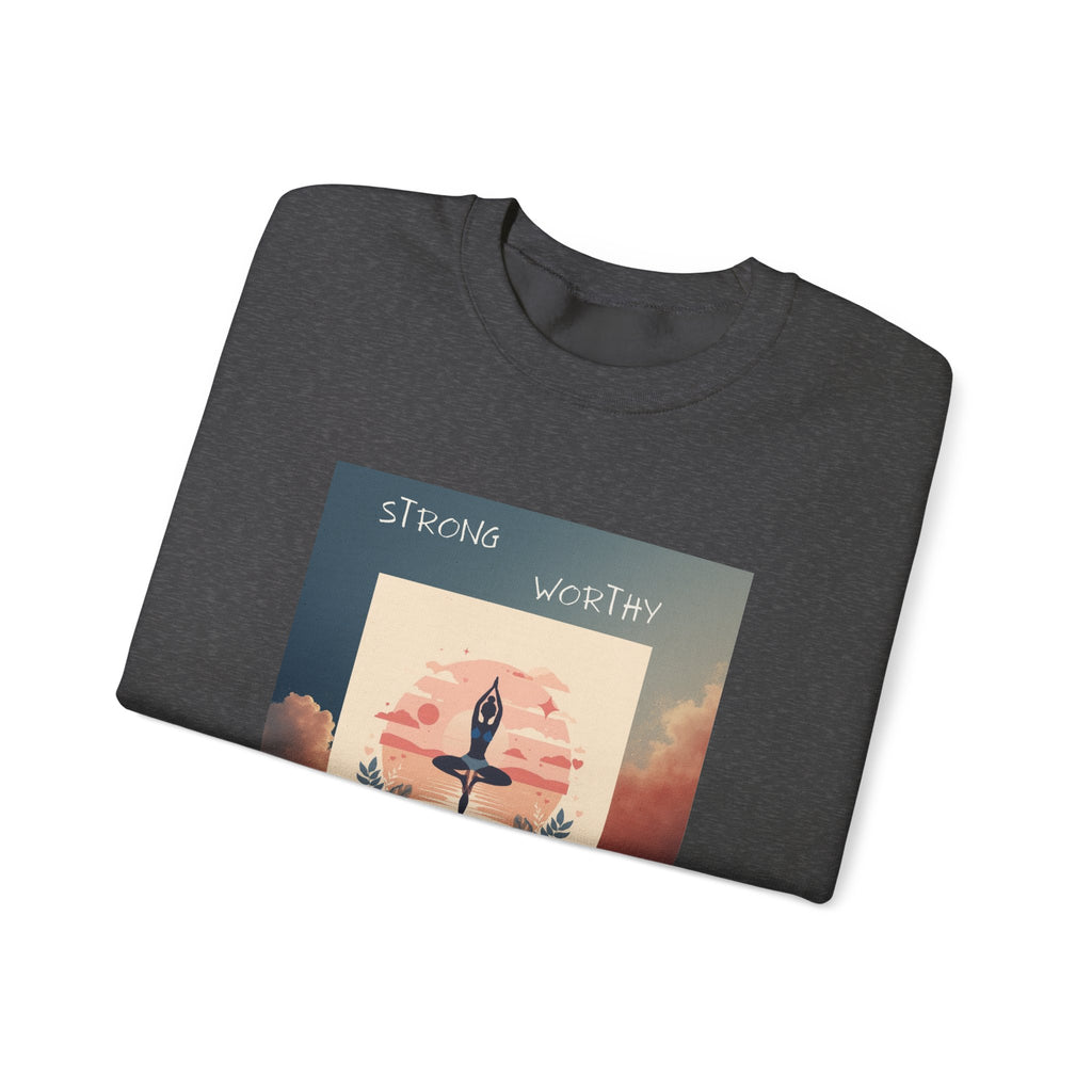 Yoga Sunset Crewneck Sweatshirt — 'Strong Worthy Fearless Loved' Inspirational Graphic