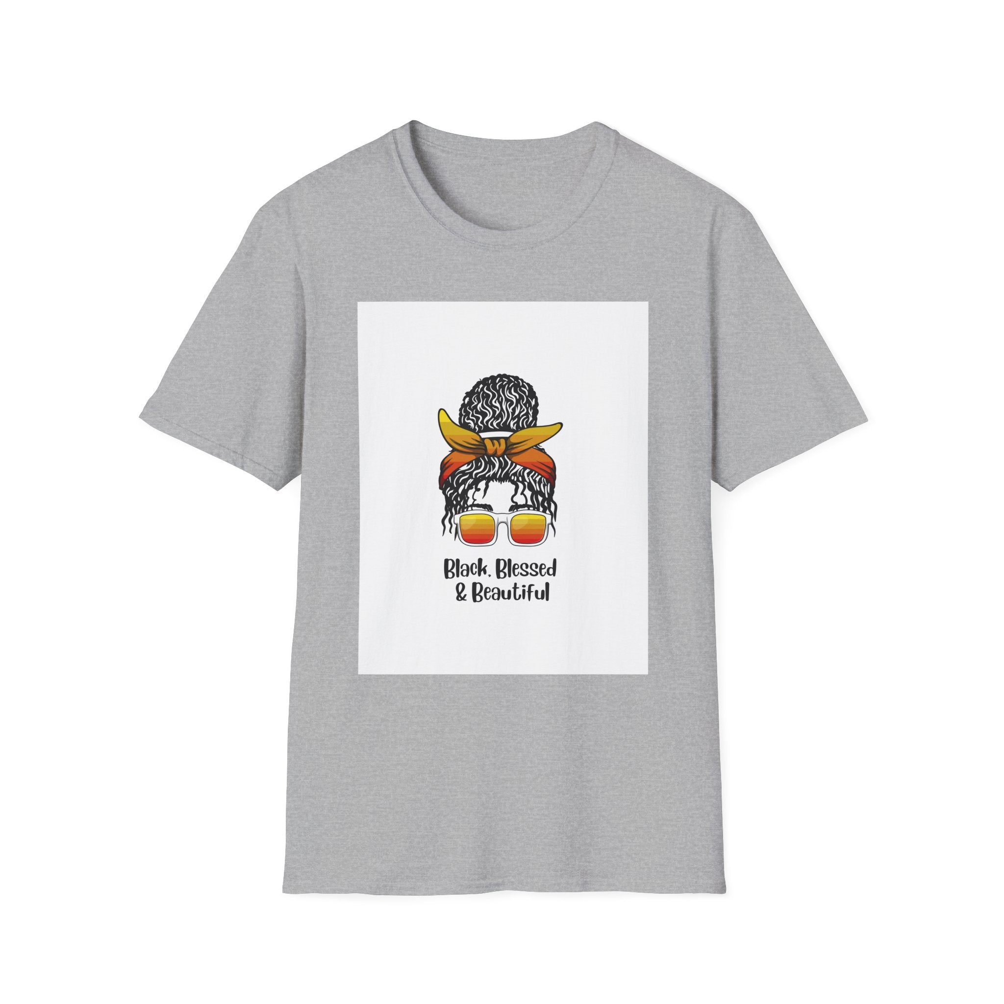 Black Blessed & Beautiful graphic T-Shirt | Afro Bun Headwrap Sunglasses