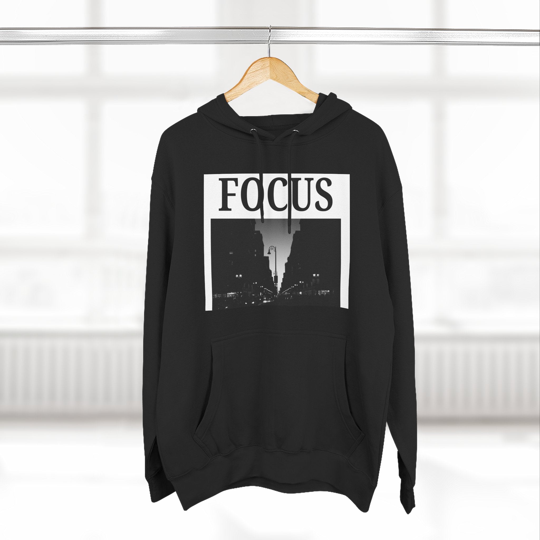 Focus skyline photo Hoodie | Monochrome cityscape, Minimal typography