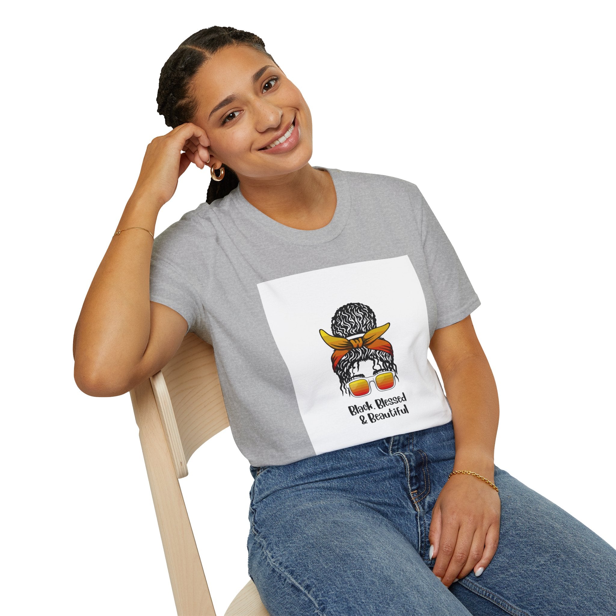 Black Blessed & Beautiful graphic T-Shirt | Afro Bun Headwrap Sunglasses