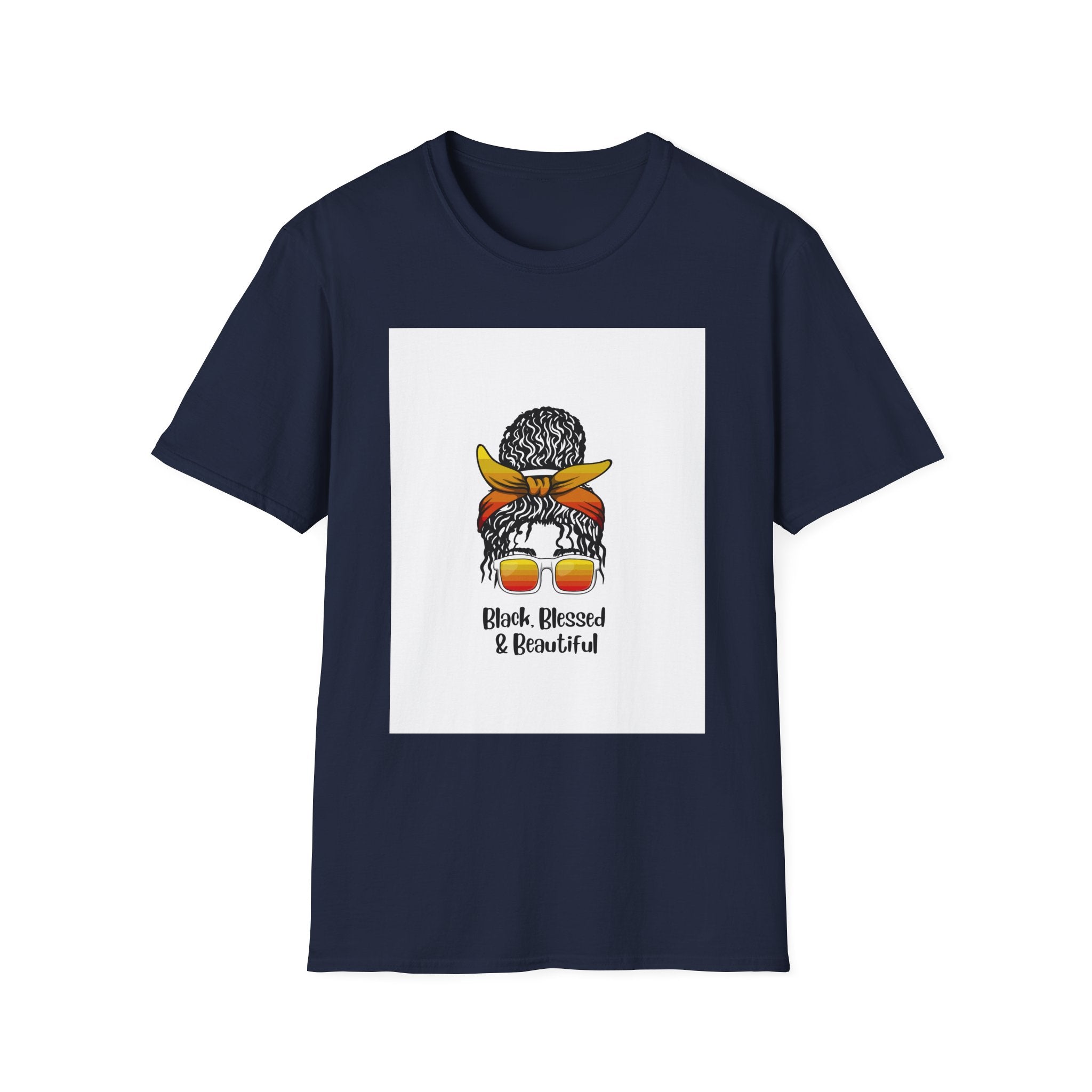 Black Blessed & Beautiful graphic T-Shirt | Afro Bun Headwrap Sunglasses