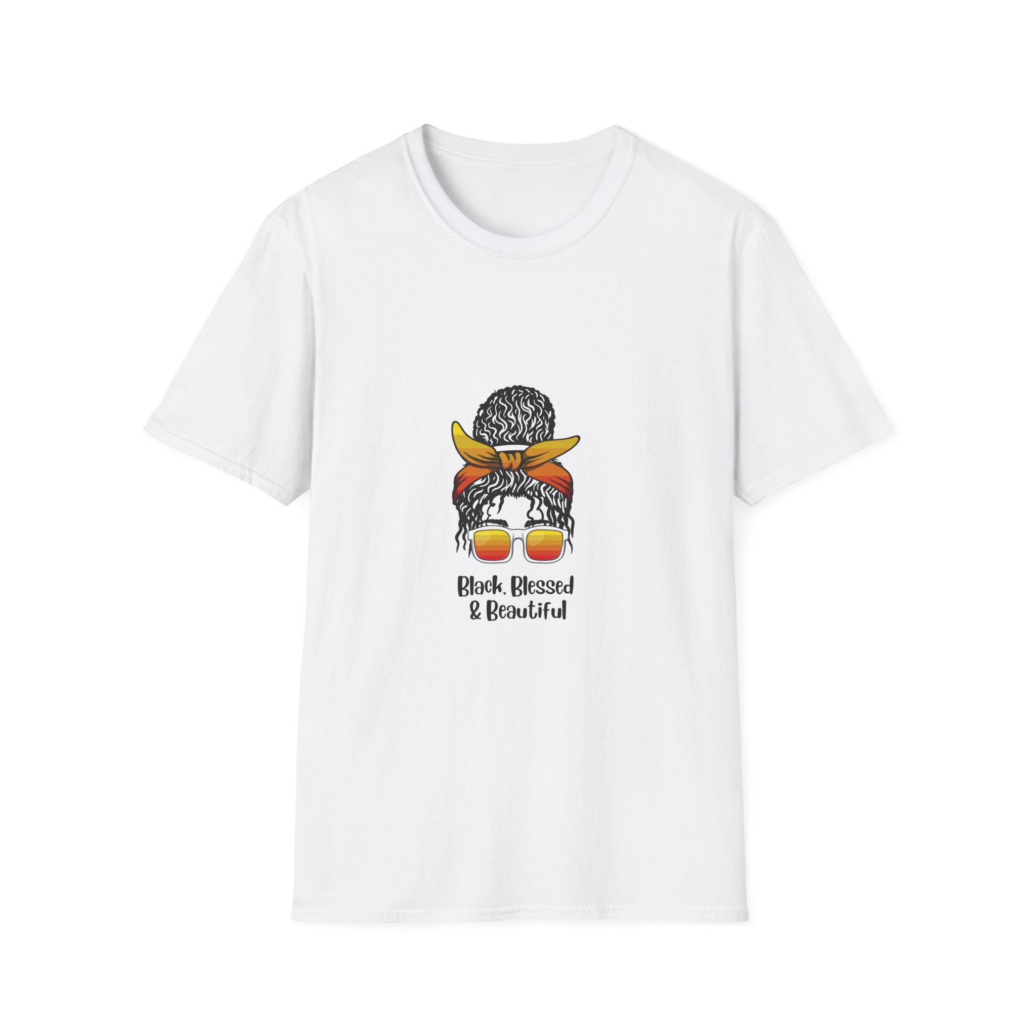 Black Blessed & Beautiful graphic T-Shirt | Afro Bun Headwrap Sunglasses