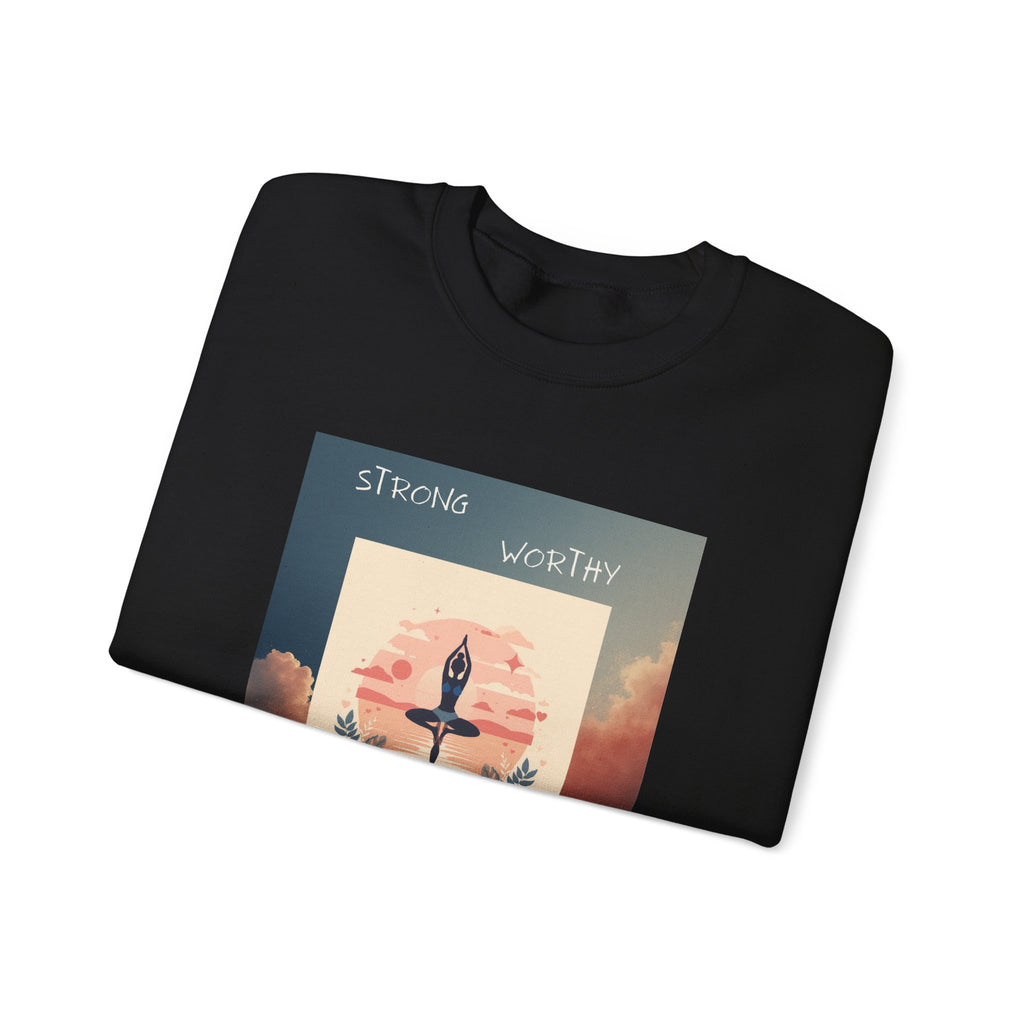 Yoga Sunset Crewneck Sweatshirt — 'Strong Worthy Fearless Loved' Inspirational Graphic