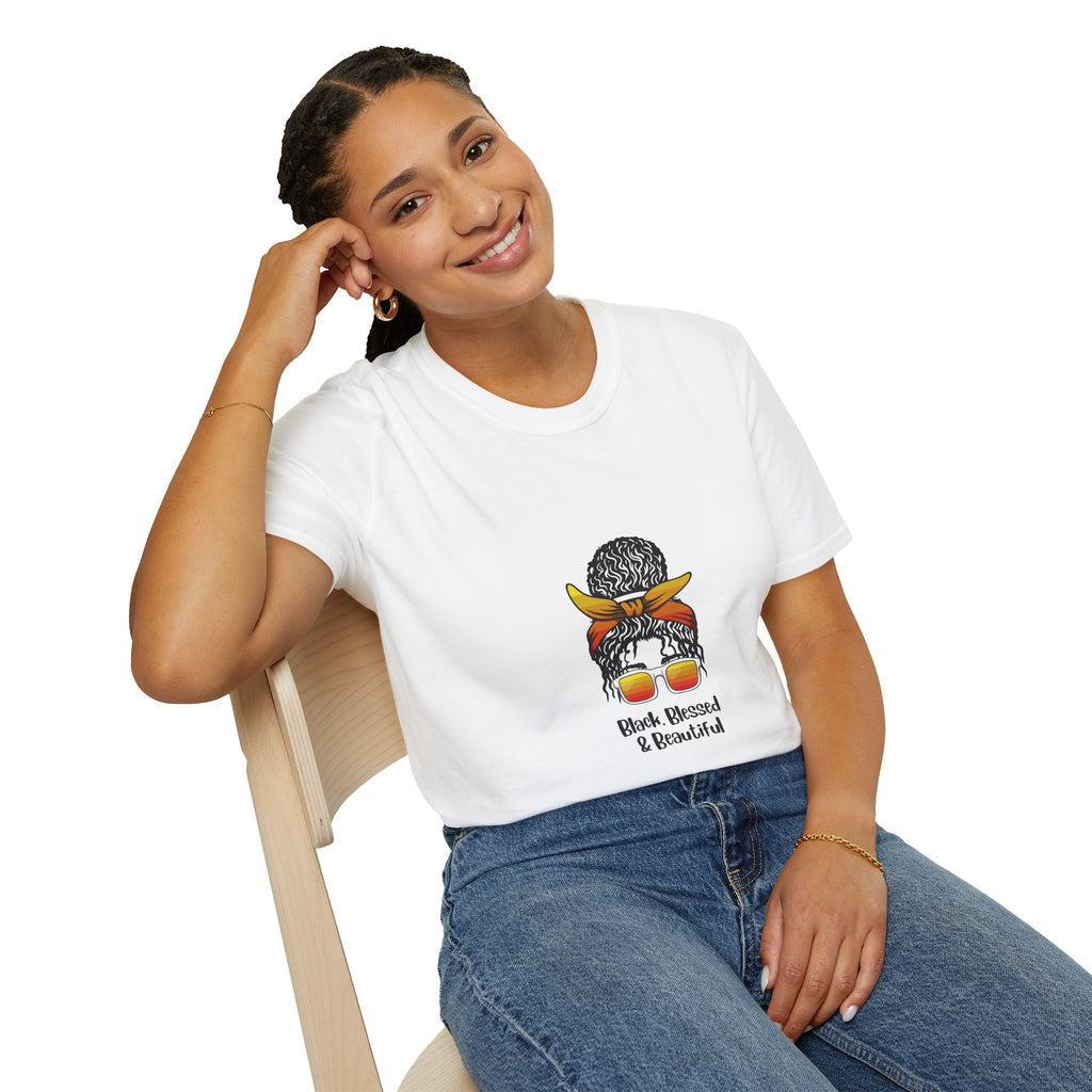 Black Blessed & Beautiful graphic T-Shirt | Afro Bun Headwrap Sunglasses