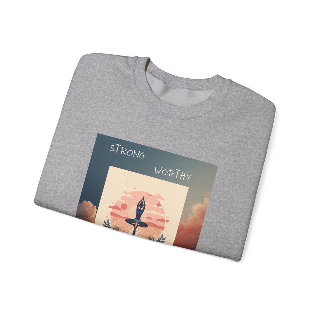Yoga Sunset Crewneck Sweatshirt — 'Strong Worthy Fearless Loved' Inspirational Graphic