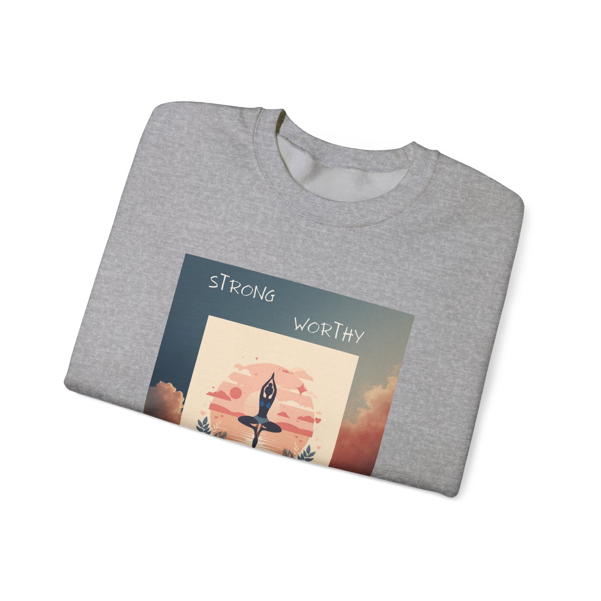 Yoga Sunset Crewneck Sweatshirt — 'Strong Worthy Fearless Loved' Inspirational Graphic