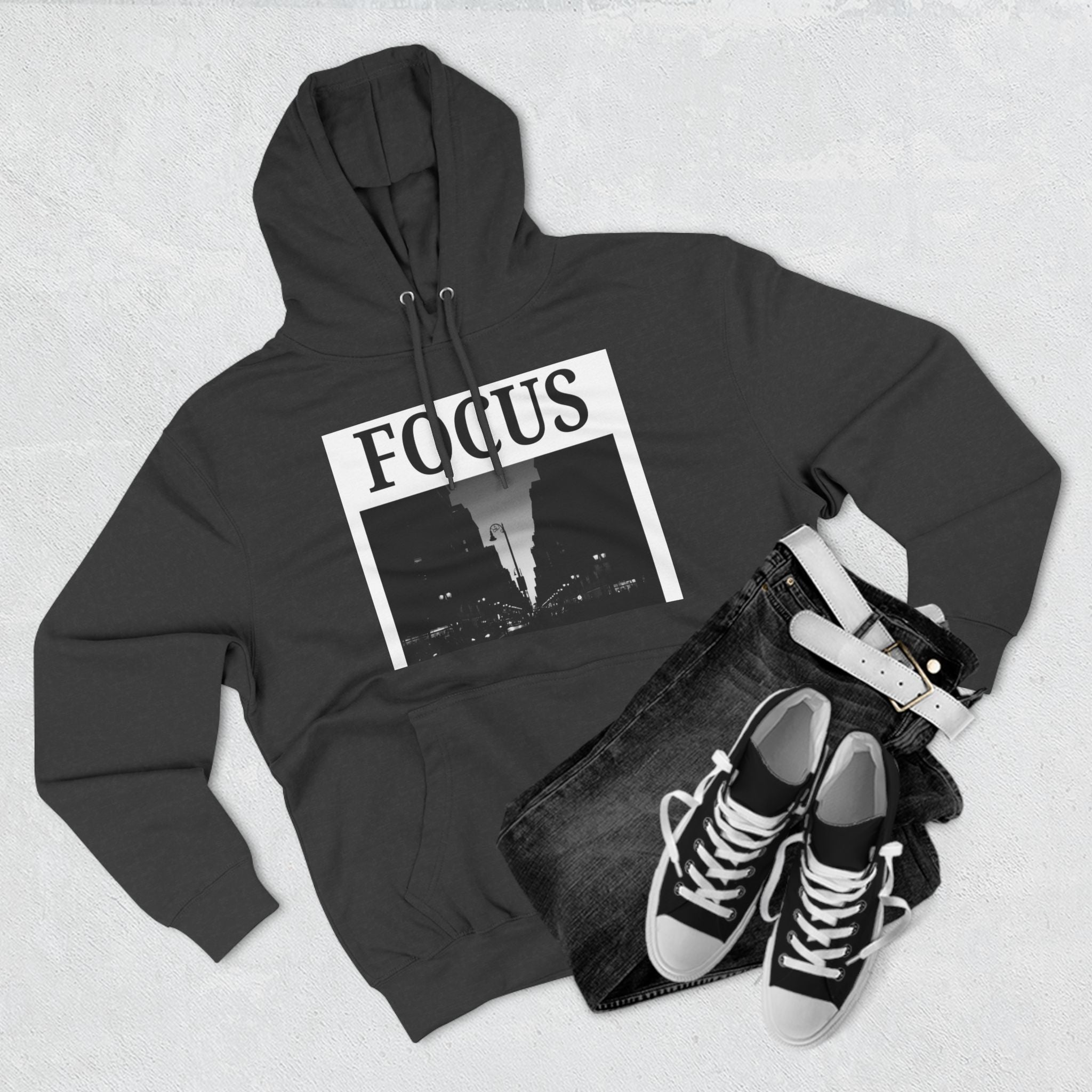 Focus skyline photo Hoodie | Monochrome cityscape, Minimal typography
