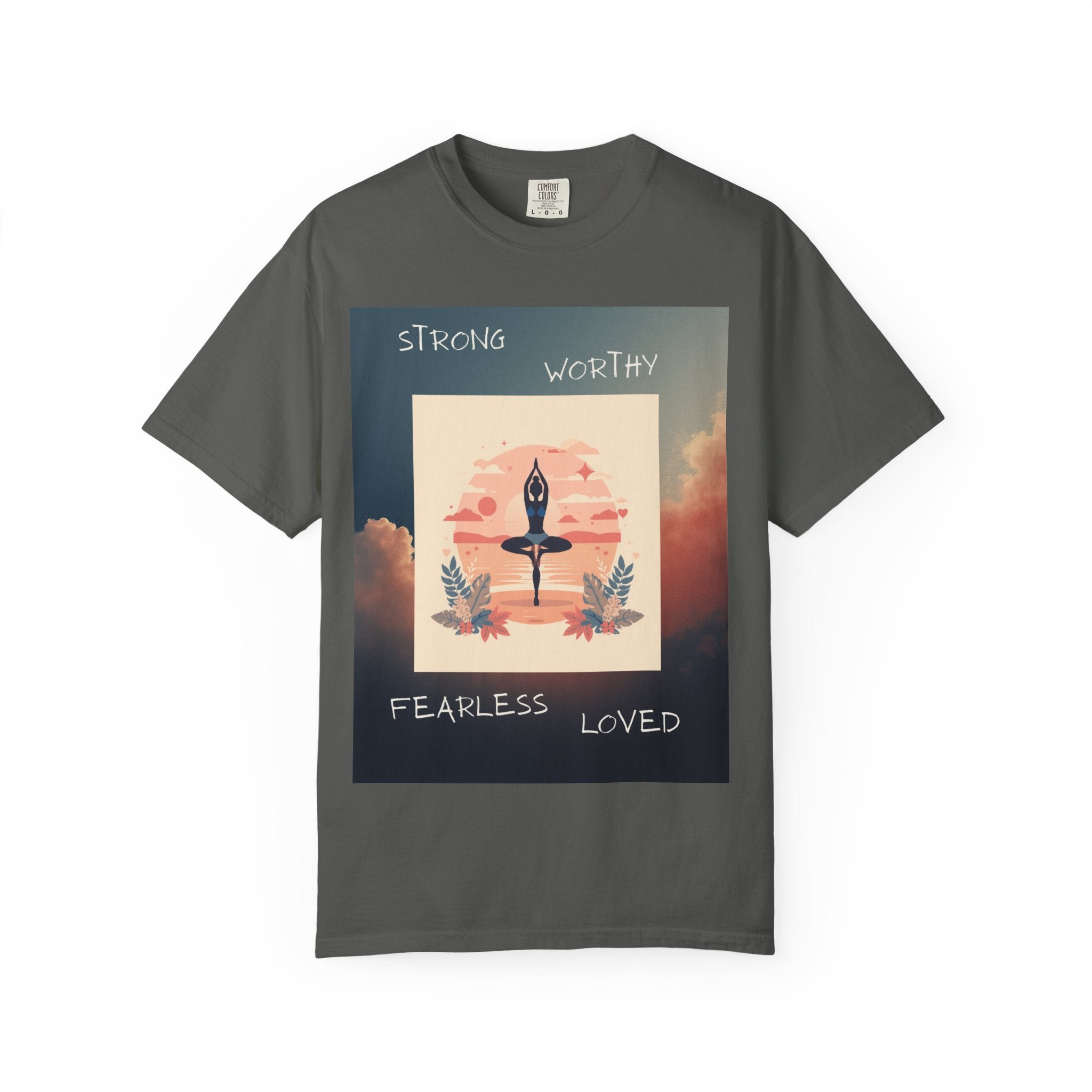 Yoga Sun Salutation T-Shirt — Strong Worthy Fearless Loved