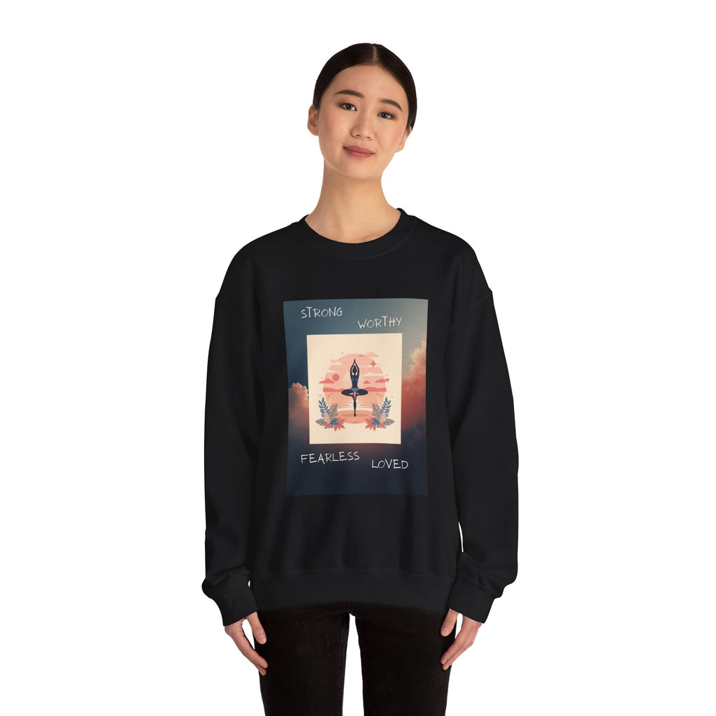 Yoga Sunset Crewneck Sweatshirt — 'Strong Worthy Fearless Loved' Inspirational Graphic