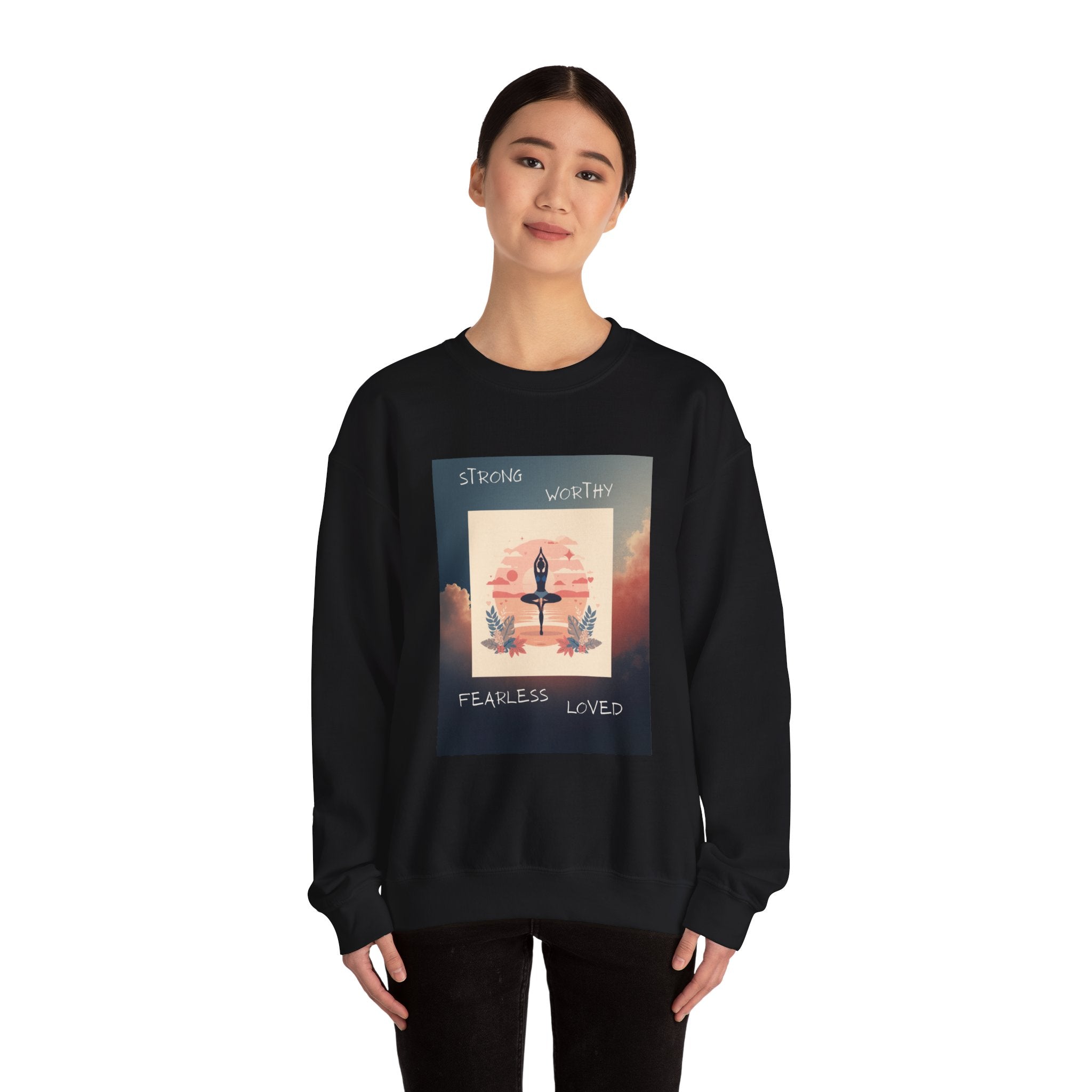 Yoga Sunset Crewneck Sweatshirt — 'Strong Worthy Fearless Loved' Inspirational Graphic