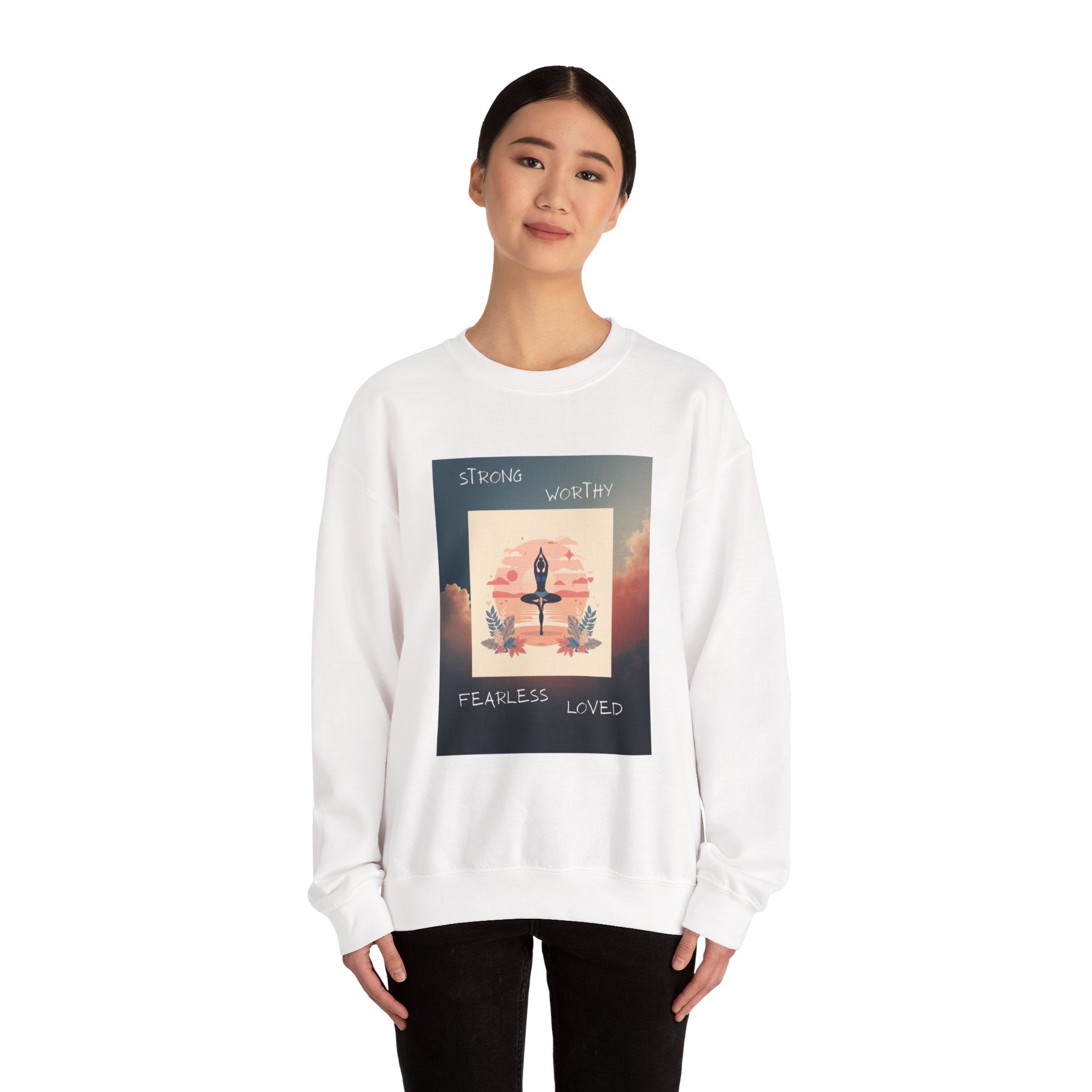 Yoga Sunset Crewneck Sweatshirt — 'Strong Worthy Fearless Loved' Inspirational Graphic