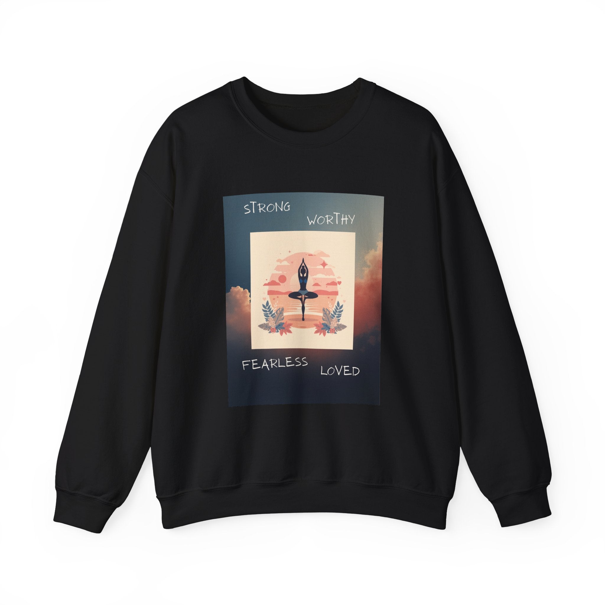 Yoga Sunset Crewneck Sweatshirt — 'Strong Worthy Fearless Loved' Inspirational Graphic