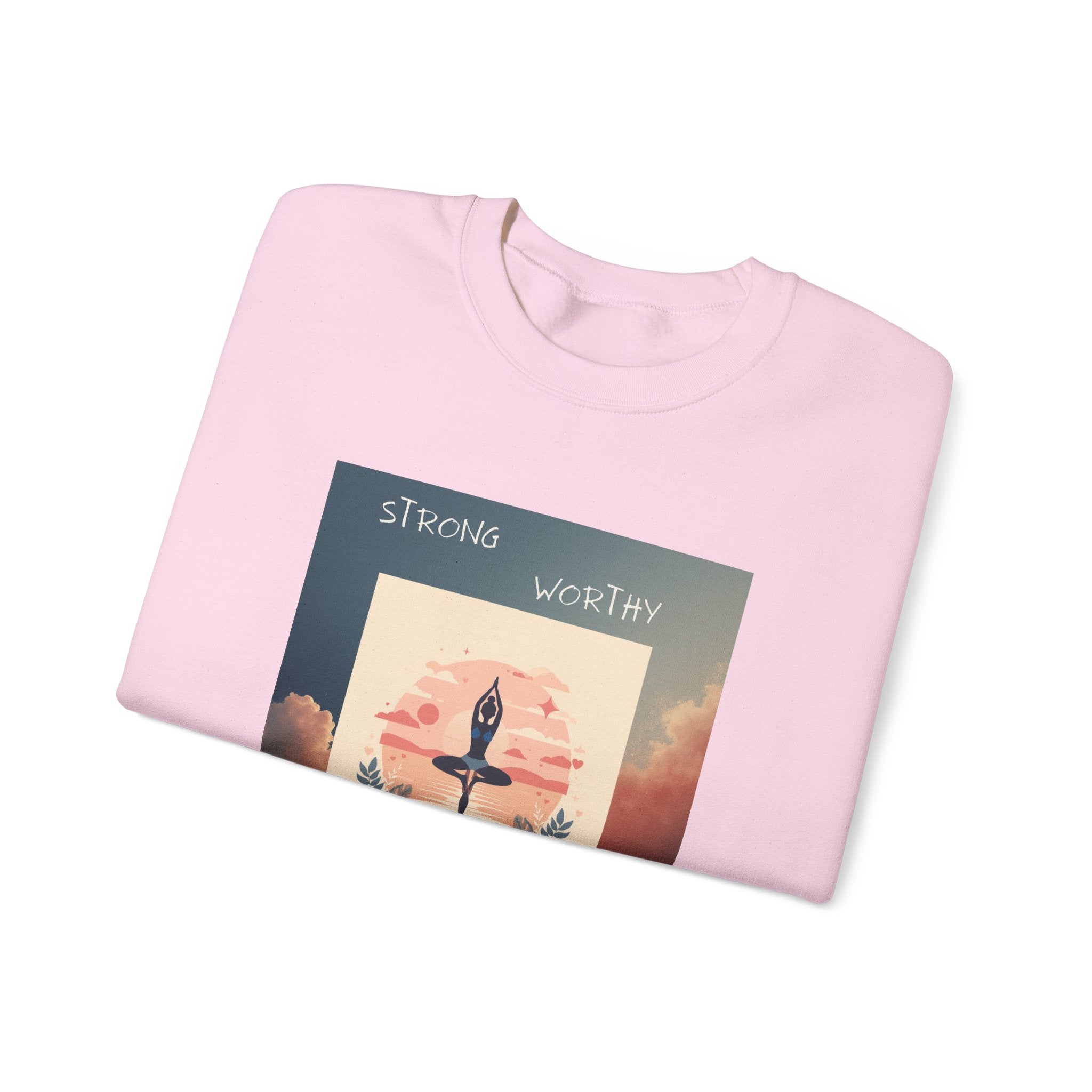 Yoga Sunset Crewneck Sweatshirt — 'Strong Worthy Fearless Loved' Inspirational Graphic
