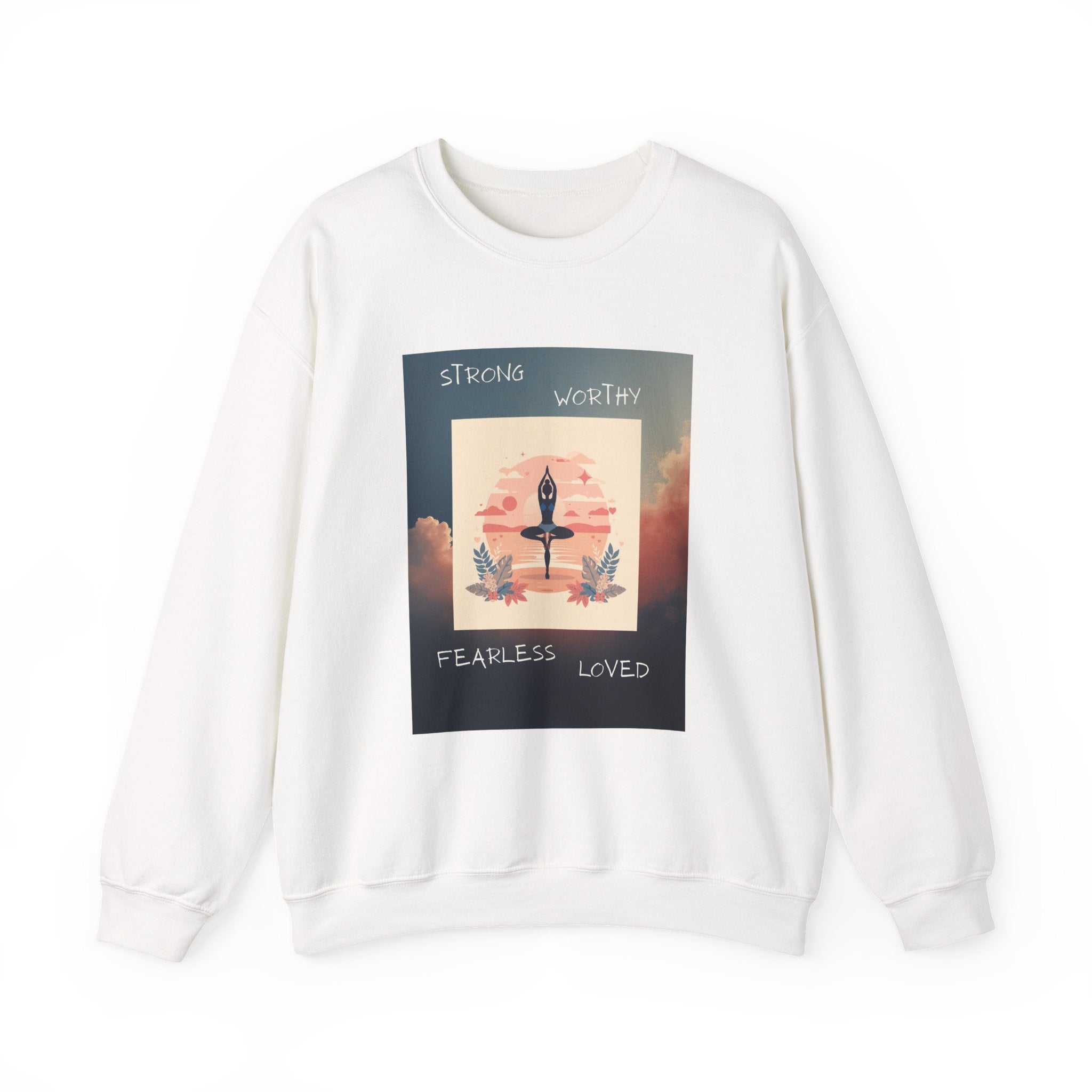 Yoga Sunset Crewneck Sweatshirt — 'Strong Worthy Fearless Loved' Inspirational Graphic