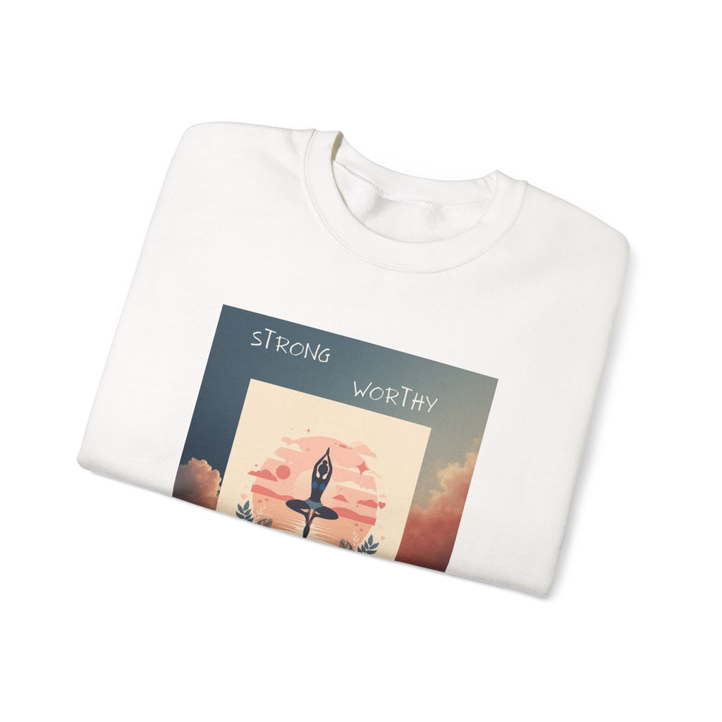 Yoga Sunset Crewneck Sweatshirt — 'Strong Worthy Fearless Loved' Inspirational Graphic