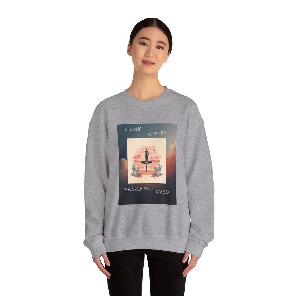 Yoga Sunset Crewneck Sweatshirt — 'Strong Worthy Fearless Loved' Inspirational Graphic
