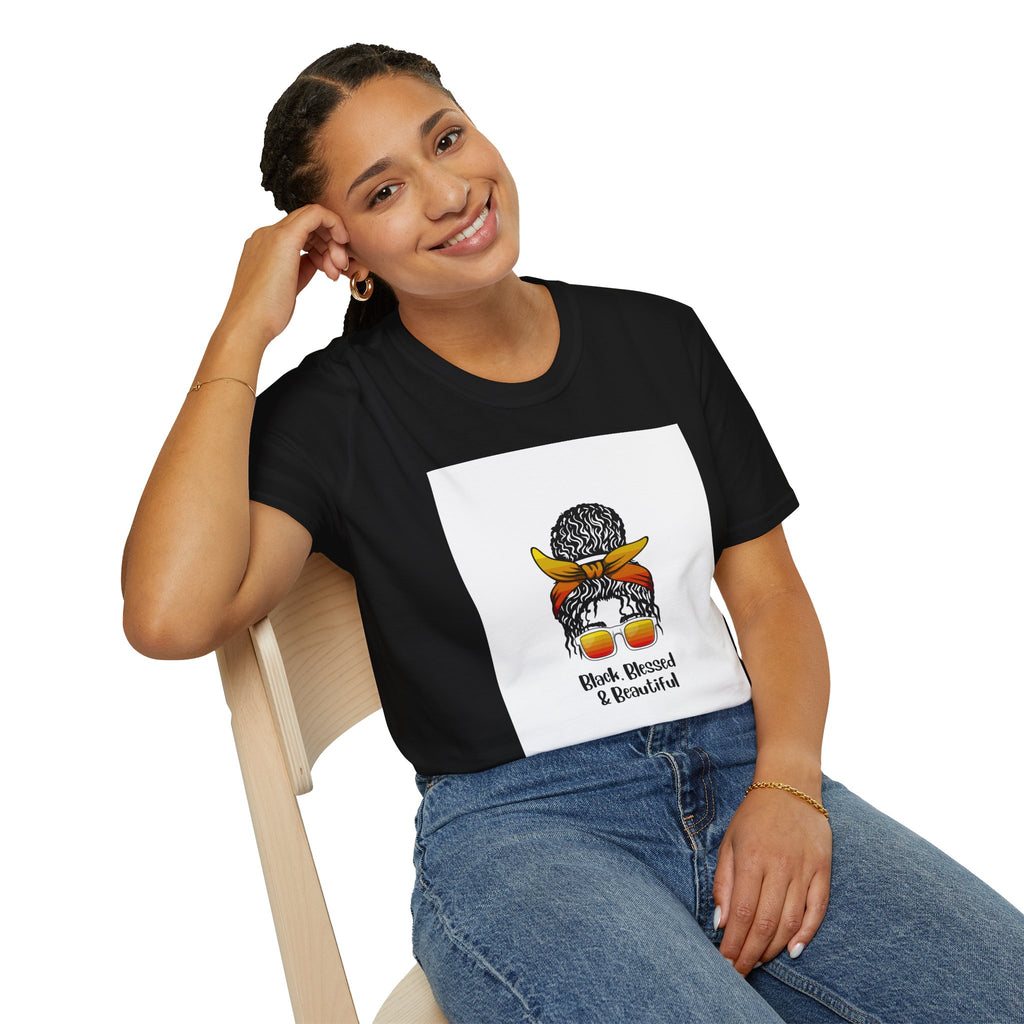 Black Blessed & Beautiful graphic T-Shirt | Afro Bun Headwrap Sunglasses