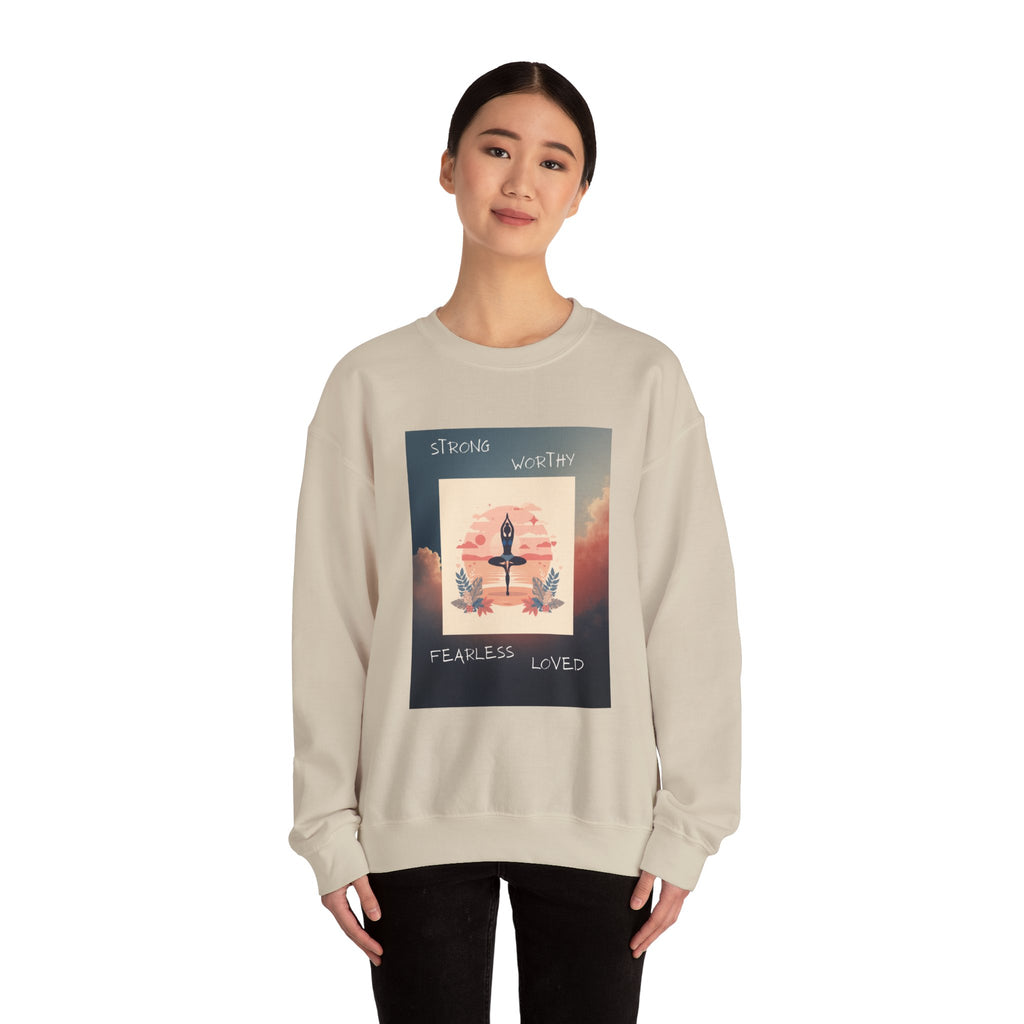 Yoga Sunset Crewneck Sweatshirt — 'Strong Worthy Fearless Loved' Inspirational Graphic