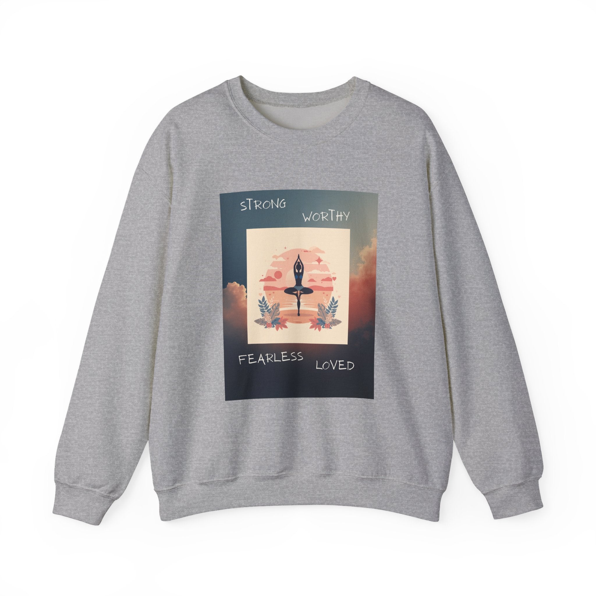 Yoga Sunset Crewneck Sweatshirt — 'Strong Worthy Fearless Loved' Inspirational Graphic