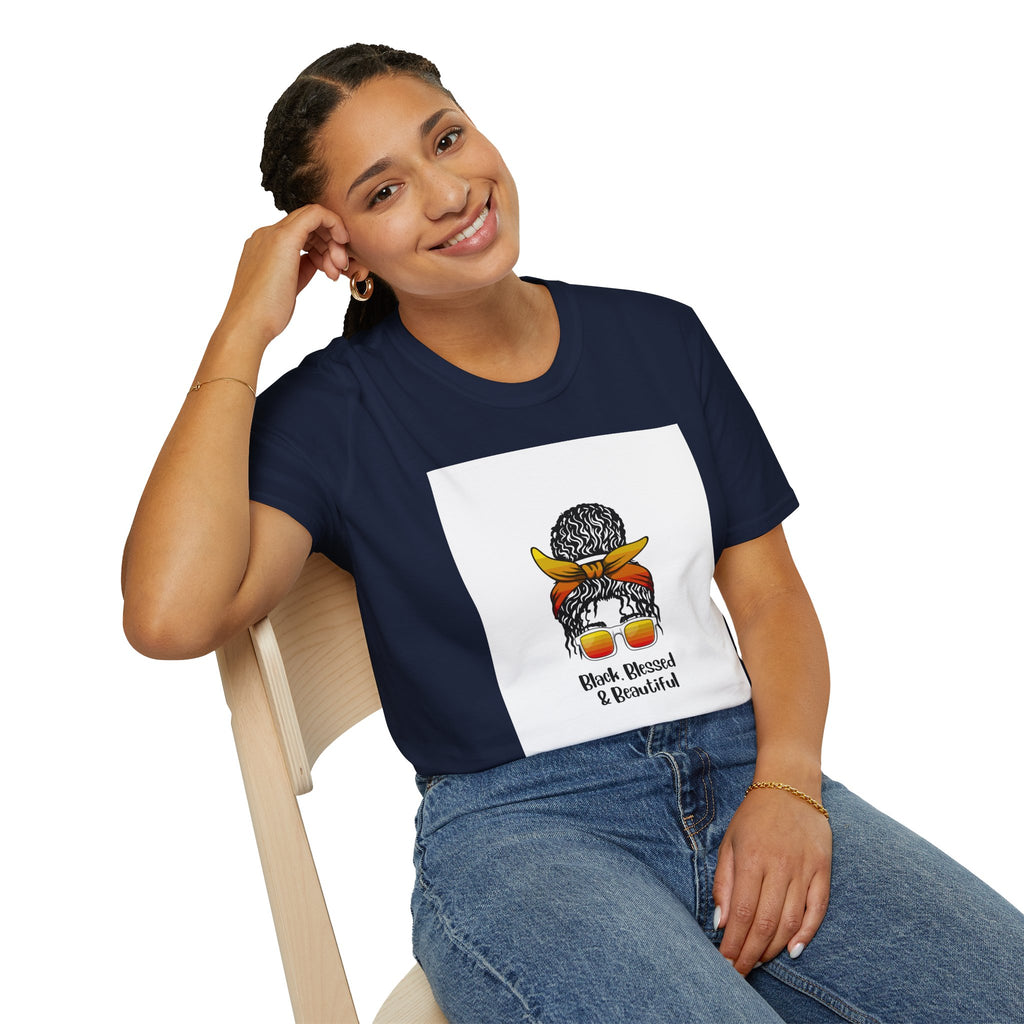 Black Blessed & Beautiful graphic T-Shirt | Afro Bun Headwrap Sunglasses