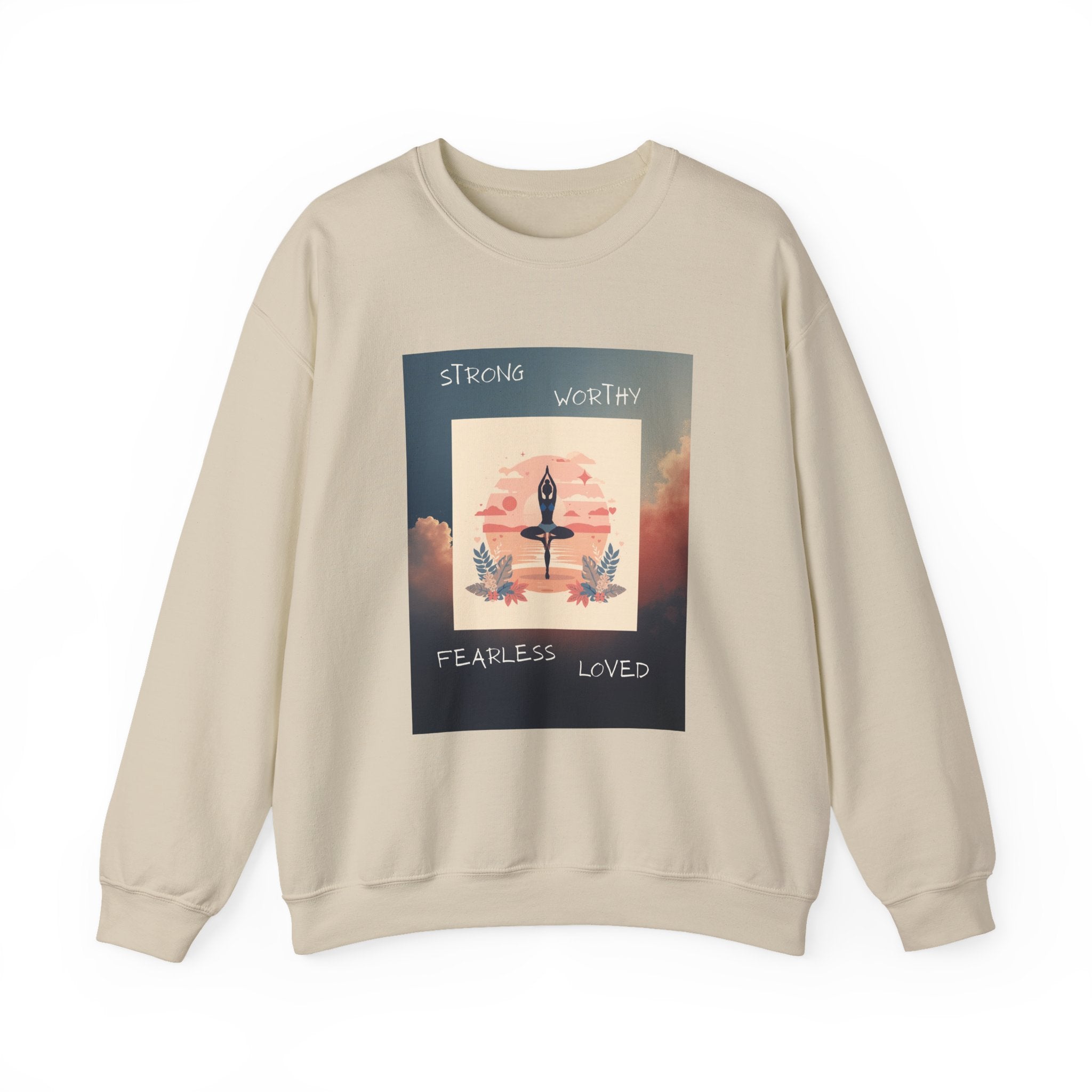 Yoga Sunset Crewneck Sweatshirt — 'Strong Worthy Fearless Loved' Inspirational Graphic