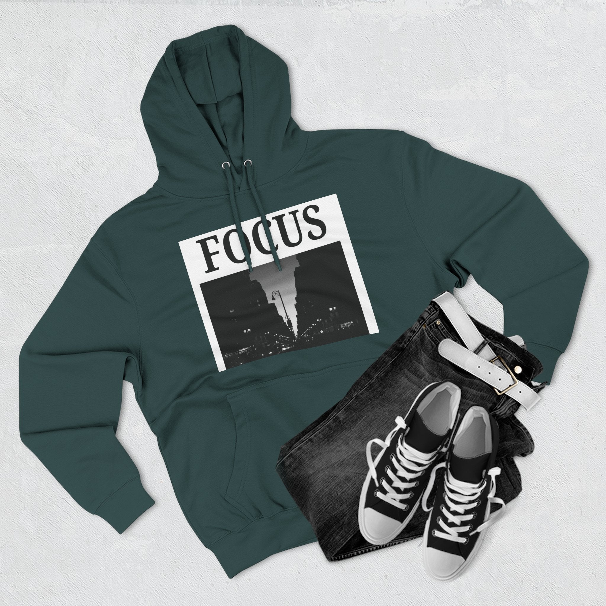 Focus skyline photo Hoodie | Monochrome cityscape, Minimal typography