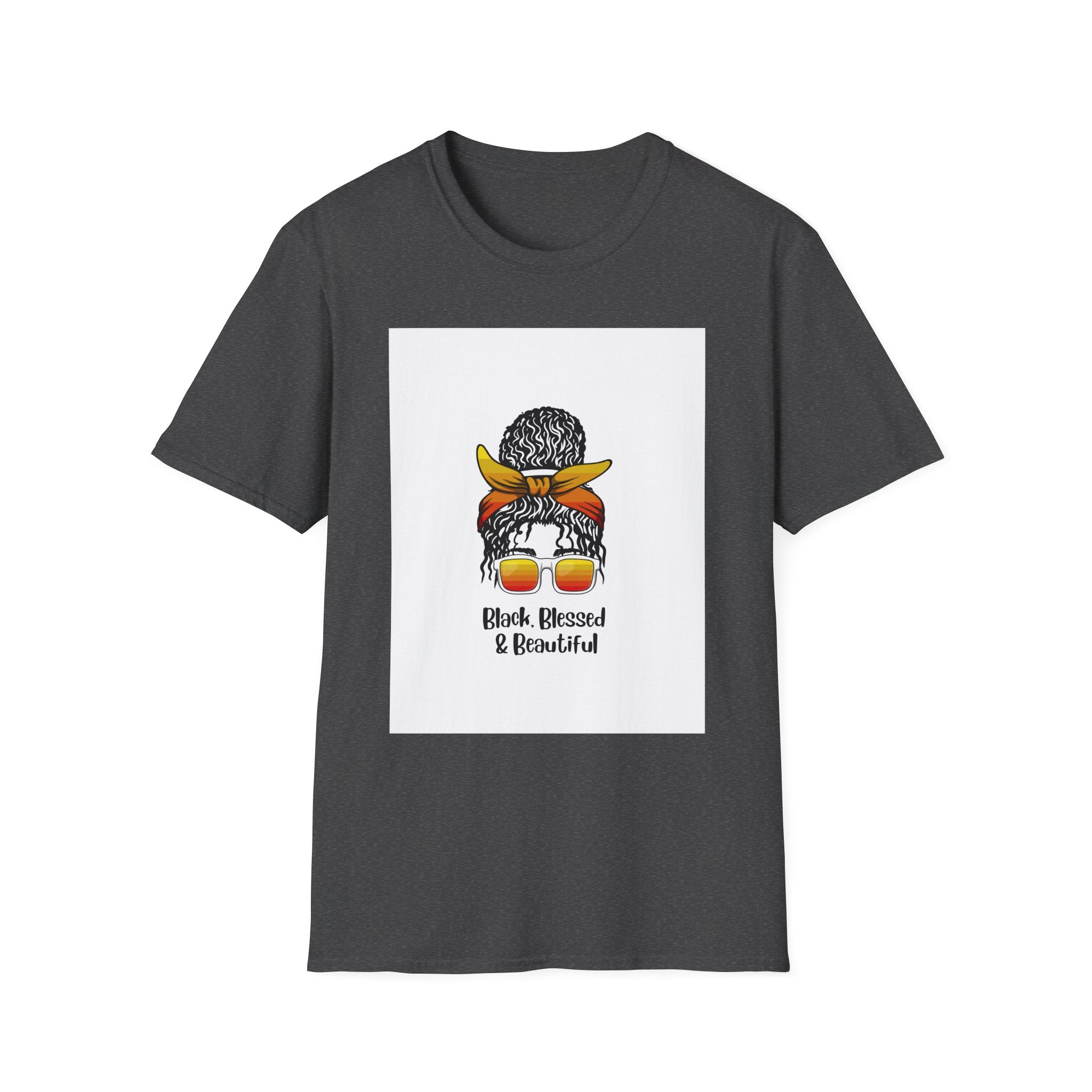 Black Blessed & Beautiful graphic T-Shirt | Afro Bun Headwrap Sunglasses
