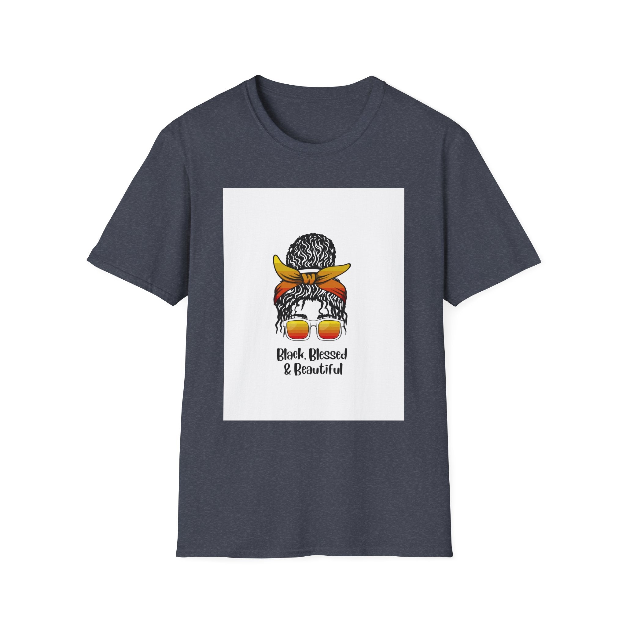 Black Blessed & Beautiful graphic T-Shirt | Afro Bun Headwrap Sunglasses