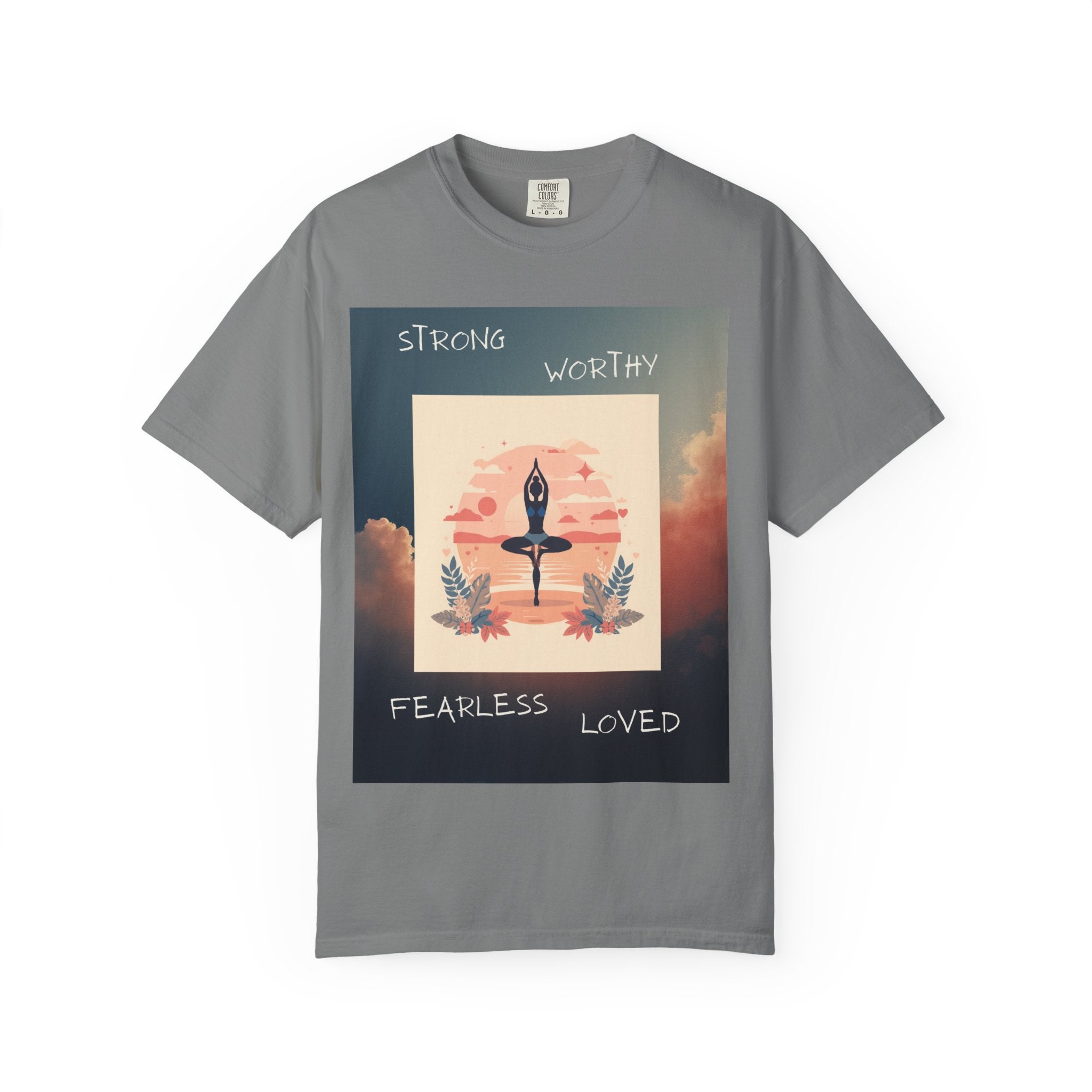 Yoga Sun Salutation T-Shirt — Strong Worthy Fearless Loved