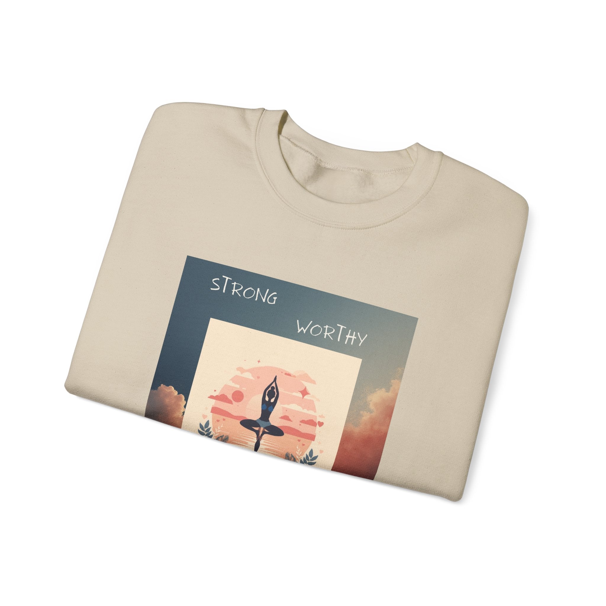 Yoga Sunset Crewneck Sweatshirt — 'Strong Worthy Fearless Loved' Inspirational Graphic