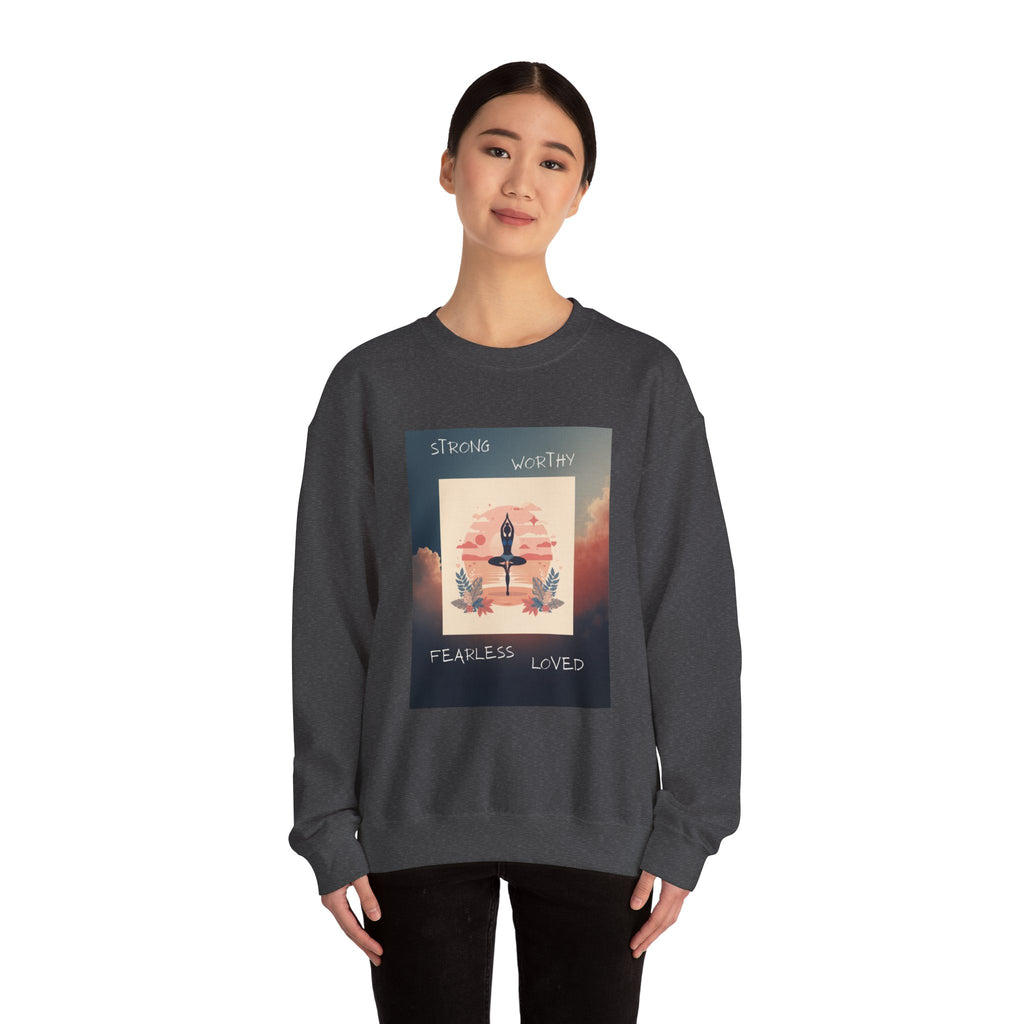 Yoga Sunset Crewneck Sweatshirt — 'Strong Worthy Fearless Loved' Inspirational Graphic
