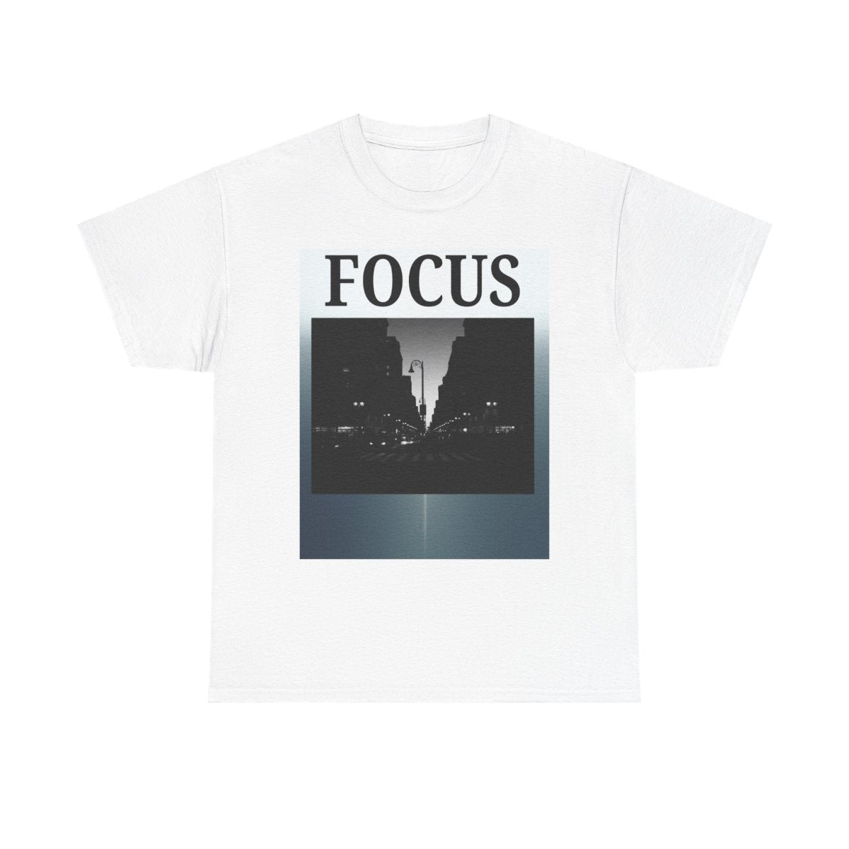 FOCUS cityscape tee | Black and white urban photo, minimalist typography
